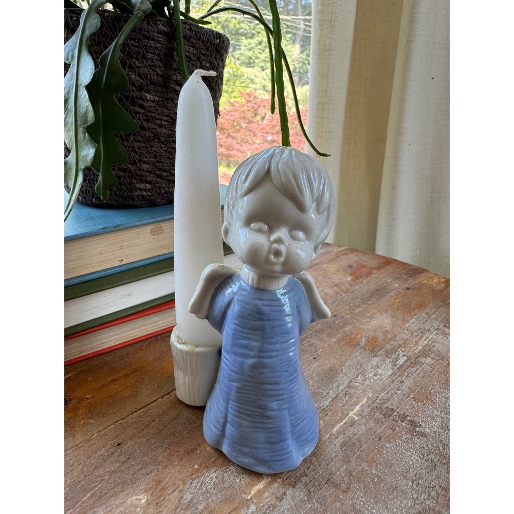 Vintage Enesco Ceramic Boy Angel Figurine Candle Holder Blue White Whistling 4"